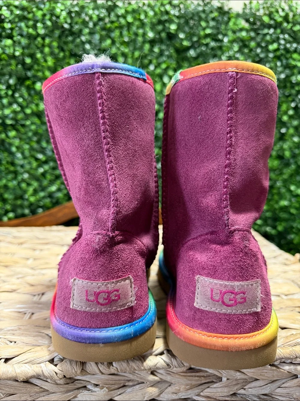 UGG Kids Plum Suede Boots with Rainbow Trim